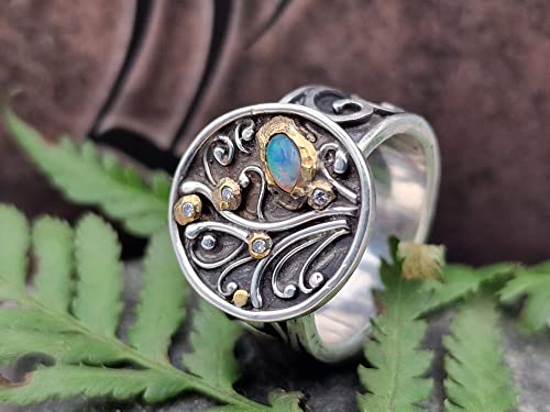 LeoLars-PABE Lightning Ridge Opal Design Filigree Ring, Gr.57 (18.2), aus 925er Silber mit vier Diamantan in Feingold Fassungen, geschwärzt, Unikat, Handarbeit