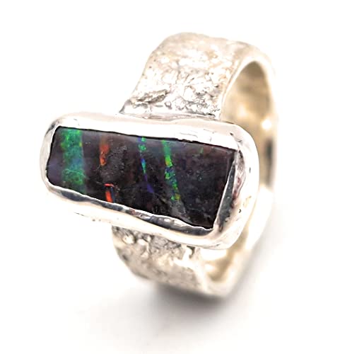 LeoLars-PABE Design Ring im Structure Design Stein mit Boulder Opal mit bunten Opalfeuer Streifen, Gr.61, Opal 16.3x7.1mm, Unikat, Handarbeit