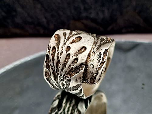 LeoLars-PABE 925er Silber Design Ring, Gr.60, Stil der Oberfläche Konifere, teilgeschwärzt, überlappende Ringschiene, Unikat, Handarbeit