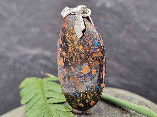 LeoLars-PABE Boulder Opal Anhänger mit Frontbohrung und Schlaufe aus 925er Silber, Matrix Opal, grüne Opaladern, Opal 35.7 x 21.4 x 6mm, Unikat, Handgeschliffen