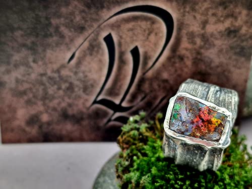 LeoLars-PABE Großer Multicolor Boulder Opal Ring, Gr.61, 925er Silber, Bambus Design, mit vielen roten Opalfeuer, teilgeschwärzt, massiv, Unikat, Handarbeit