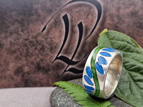 LeoLars-PABE Emaille Ring, Gr.61 (19.5), aus 925er Silber, grün-blau floral-blumig stilisiertes Muster, umlaufend, Unikat, Handarbeit