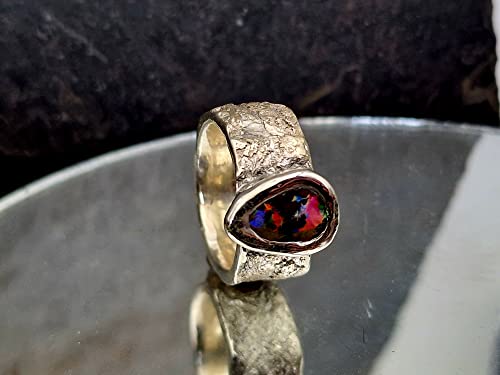 LeoLars-PABE Structure Design Stein Ring mit Boulder Opal aus 925er Silber, Gr.56, Opalflash mehrfarbig, Opal 11x7.3mm, Unikat, Handarbeit