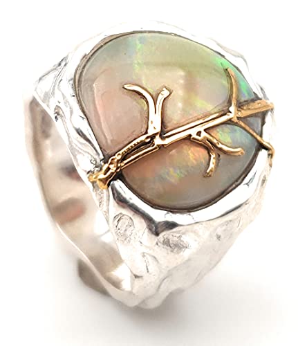 LeoLars-PABE Lightning Ridge Opal Design Ring, Gr.57, aus 925er Silber mit Feingold Akzenten, Multicolor, Unikat, Handarbeit