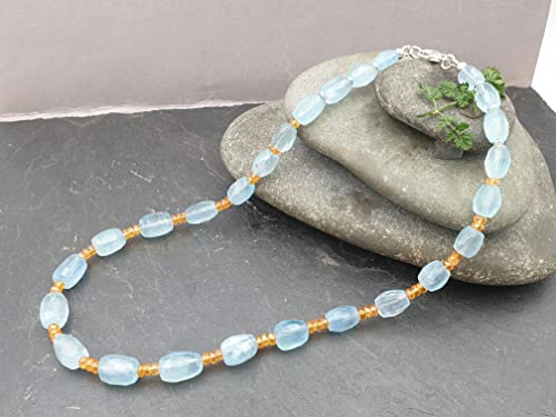 LeoLars-PABE Aquamarin und Mandaringranat Kette Feuer und Eis, 44cm lang, 925er Silber, Handarbeit