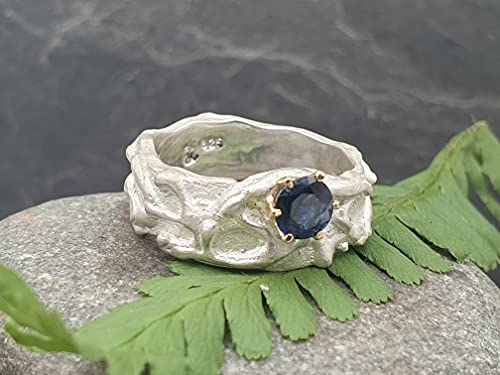 LeoLars-PABE Saphir Design Ring, 925er Silber, Gr.58, Organic Design, 585er Goldfassung, Unikat, Handarbeit