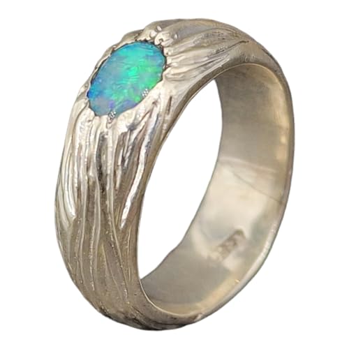 LeoLars-PABE Schwarzer Opal Design Ring im organisch natürlichem Wurzel Design, Gr. 56 (17,8), aus 925er Silber, mit grün-blauem Opalfeuer, Unikat, Handarbeit