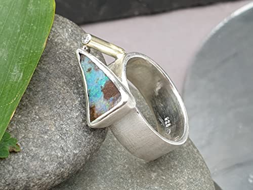 LeoLars-PABE Boulder Opal Design Ring, Gr.58 (18.7), aus 925er Silber mit Brilliant in 585er Kanal Fassung, Unikat, Handarbeit
