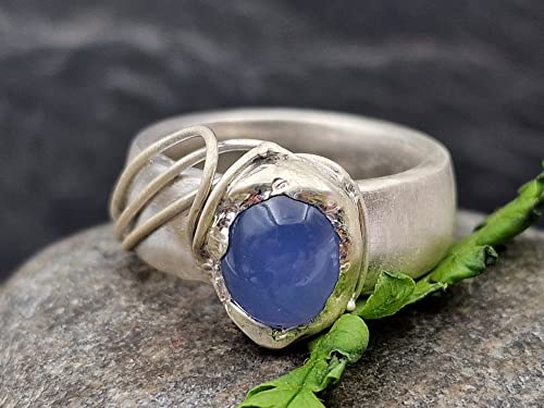 LeoLars-PABE Chalcedon Design Ring, Gr.58 (18,5), aus 925er Silber, Wellen Design, Massiv, Seidenmatt, Unikat, Handarbeit