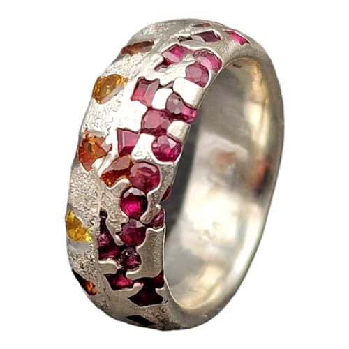 LeoLars-PABE Sandguss Design Ring, Gr. 53 (16,8), mit eingegossenen orangen und gelben Saphiren und Rubinen aus 925er Silber, Nr.63, Unikat, Handarbeit