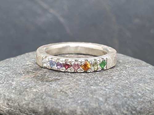 LeoLars-PABE Regenbogen Bandring aus 925er Silber mit 8 verschiedenen Edelsteinen, Gr. 53, Unikat, Handarbeit