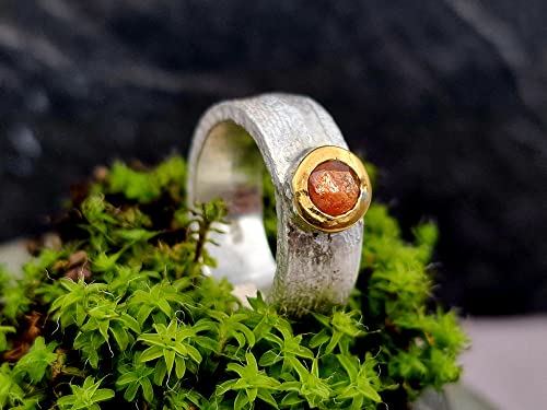 LeoLars-PABE Sonnenstein Ring im Rosenschliff, Gr.56, aus 925er Silber mit Feingoldfassung, Oberfläche Sepiaguss, Unikat, Handarbeit