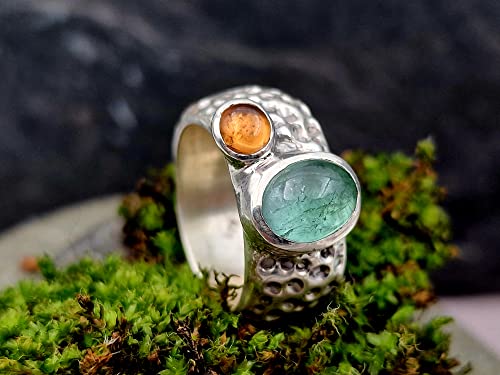 LeoLars-PABE Design Ring, Gr. 57, aus 925er Silber im Bubble Design mit Turmalin und Mandarin Granat, massiv, Unikat, Handarbeit