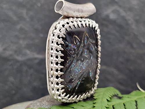 LeoLars-PABE Einhorn Anhänger aus 925er Silber, Obsidian mit Opalsplittern, Carving, Galerie Fassung, Filigree, Unikat, Handarbeit