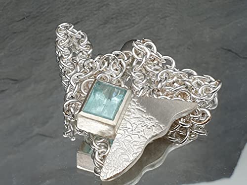 LeoLars-PABE Aquamarin Design Anhänger mit massiver Kette aus 925er Silber in Wunschlänge, Flügel, teilstrukturiert, Unikat, Handarbeit