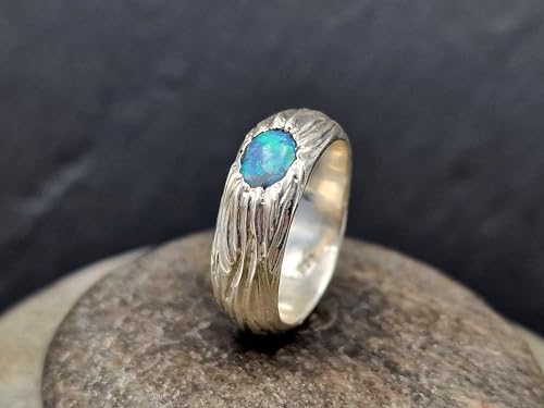 LeoLars-PABE Schwarzer Opal Design Ring im organisch natürlichem Wurzel Design, Gr. 56 (17,8), aus 925er Silber, mit grün-blauem Opalfeuer, Unikat, Handarbeit
