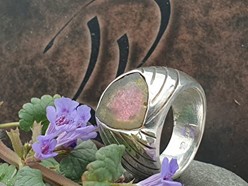 LeoLars-PABE Wassermelonen Turmalin Design Ring, Gr.58 (18.5), aus 925er Silber, Streifen, massiv, teilgeschwärzt, Unikat, Handarbeit