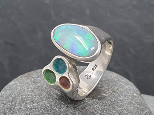 LeoLars-PABE Lightning Ridge Opal Ring oben offen mit Emaille aus 925er Silber, Gr.59, Unikat, Handarbeit