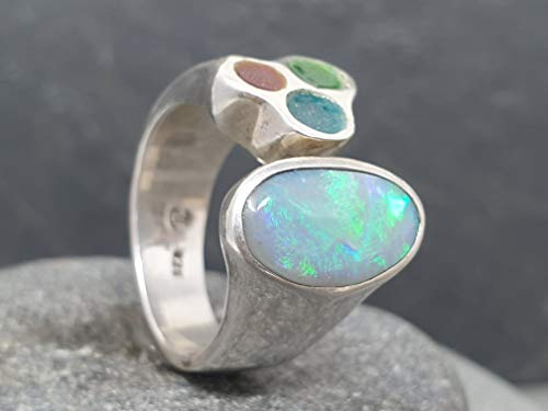 LeoLars-PABE Lightning Ridge Opal Ring oben offen mit Emaille aus 925er Silber, Gr.59, Unikat, Handarbeit