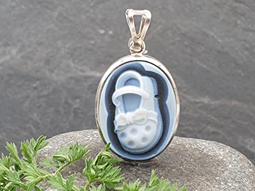LeoLars-PABE Achat Gemme Babyschuh Anhänger aus 925er Silber, schlichter Rahmen, Anhänger 24.9x16.7x4.2mm