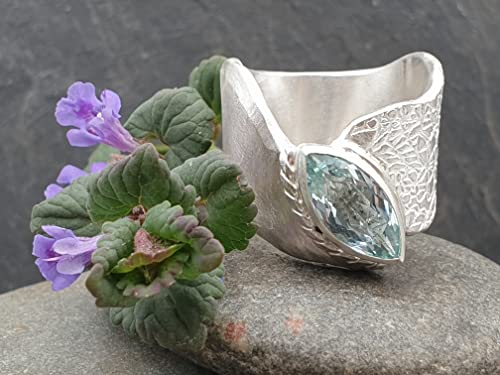LeoLars-PABE Aquamarin Design Ring, Gr.58 (18.5), aus 925er Silber, Navette, Ring massiv, teil Strukturiert, Unikat, Handarbeit