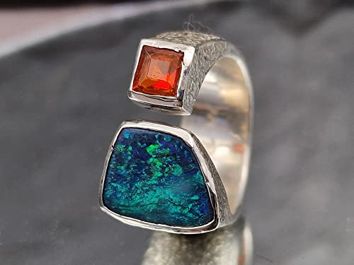 LeoLars-PABE Schwarzer Opal und Feueropal Design Ring, Gr.57-58, aus 925er Silber, oben offen, eismattiert, Unikat, Handarbeit