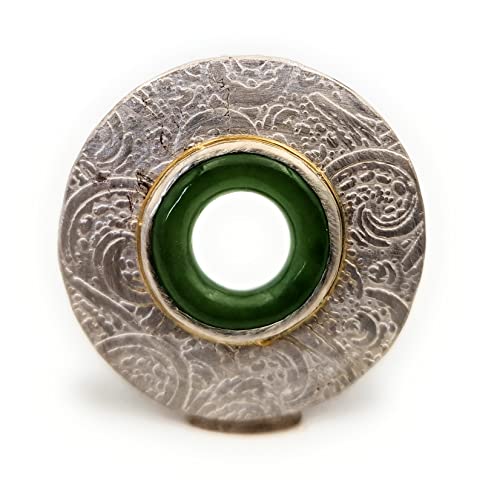 LeoLars-PABE Jade Ring Design Anhänger aus 925er Silber mit Feingold Ring um die Fassung, geprägt, versteckte Öse, Unikat, Handarbeit