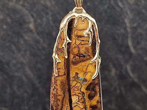 LeoLars-PABE Boulder Opal Design Anhänger mit 585er Tribal Gold Aufhängung, grün-blaues Opalfeuer, tolles Muster, beidseitig tragbar, Unikat, Handarbeit