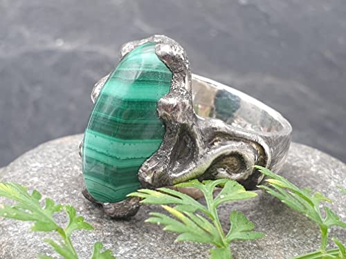 LeoLars-PABE Malachit Design Ring aus 925er Silber, Gr.58, grob gearbeitet, gebürstet, teilgeschwärzt, Unikat, Handarbeit