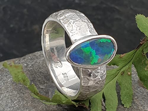 LeoLars-PABE Lightning Ridge Opal Design Ring, Gr.58, 925er Silber, Grün-Blaues Honeycomb Pattern Feuer, Unikat, Handarbeit