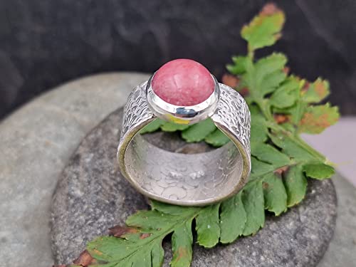 LeoLars-PABE Rhodochrosit Ring aus 925er Silber, Gr.57 (18,2), floral, blumig geprägte Ringschiene, Unikat, Handarbeit