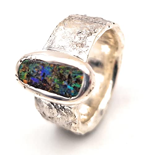 LeoLars-PABE Design Ring mit Boulder Opal aus 925er Silber, Ringschiene mit Stein Struktur, Gr. 57-58, Opal 13.4x6.1mm, Unikat, Handarbeit