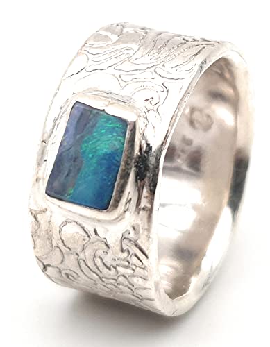 LeoLars-PABE Boulder Opal Ring, Gr.58, aus 925er Silber im Structure Design, Opal 8x6mm, Unikat, Handarbeit