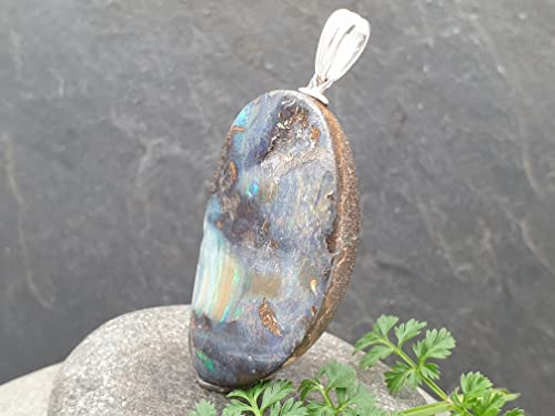 LeoLars-PABE Boulder Opal Anhänger mit 925er Silber Stiftöse, Mehrfarbig Opal 40x21.4x7.5mm, Unikat, Handarbeit
