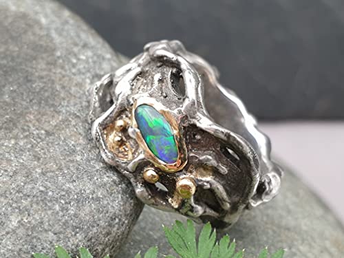 LeoLars-PABE Organic Design Schwarzer Opal Ring, Gr.49, aus 925er Silber mit Goldakzenten, Unikat, Handarbeit
