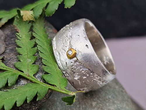 LeoLars-PABE Diamant Design Ring, Gr.59 (18.7), aus 925er Silber mit Feingold Fassung, Oberfläche Spitzen Stoff, Unikat, Handarbeit