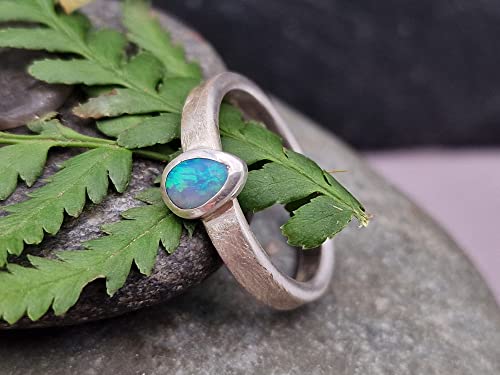 LeoLars-PABE Lightning Ridge Opal Ring, Gr.60 (19), aus 925er Silber, Opal Tropfen grün-blau, gebürstet, Unikat, Handarbeit