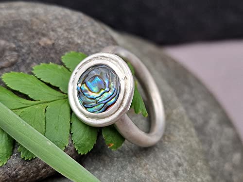 LeoLars-PABE Paua Muschel Ring, Gr.55 (17,5), aus 925er Silber, breiter Rand, seidenmatt, massiv, Unikat, Handarbeit