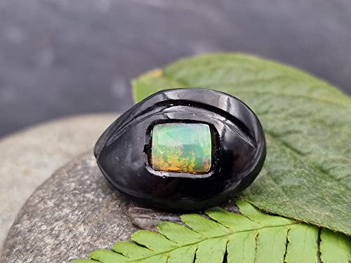LeoLars-PABE Welo Opal Anhänger in gebohrtem Onyx mit 60 cm Lederband, Mehrfarbig, Opal 7.3mm x 5.7mm, Unikat, Handarbeit