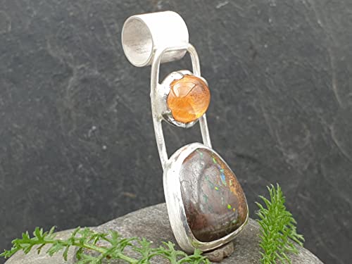 LeoLars-PABE Boulder Opal, Mandarin Granat Anhänger aus 925er Silber, Röhrchen mit Muster, Unikat, Handarbeit