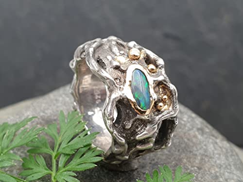 LeoLars-PABE Organic Design Schwarzer Opal Ring, Gr.49, aus 925er Silber mit Goldakzenten, Unikat, Handarbeit