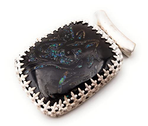 LeoLars-PABE Einhorn Anhänger aus 925er Silber, Obsidian mit Opalsplittern, Carving, Galerie Fassung, Filigree, Unikat, Handarbeit