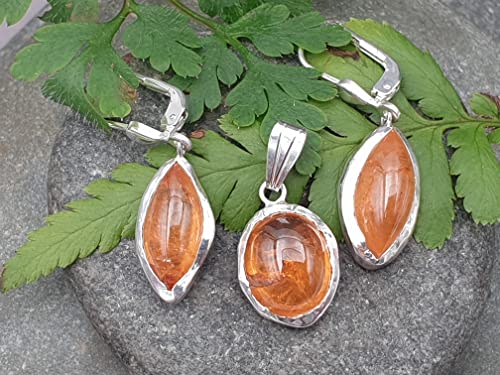 LeoLars-PABE Mandarin Granat Set, Anhänger - Ohrhänger aus 925er Silber, Satte Farbe, Brisuren, Unikat, Handarbeit