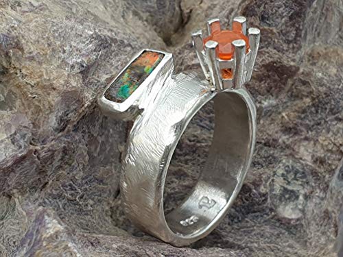 LeoLars-PABE Boulder und Feueropal Design Ring aus 925er Silber, Gr.57, geschmiedetes Design, Unikat, Handarbeit