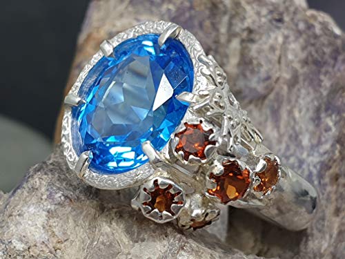 LeoLars-PABE Design Ring Fire and Ice mit Blautopas und Mandarin Granat, 925er Silber, Gr. 63, Unikat, Handarbeit