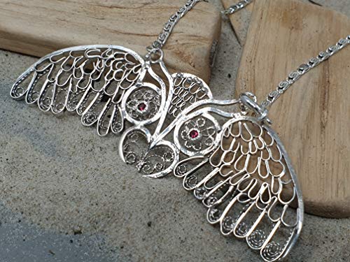 LeoLars-PABE Filigree Anhänger aus 925er Silber Eule, 50cm Silberkette, 2 Rhodolite, Unikat, Handarbeit