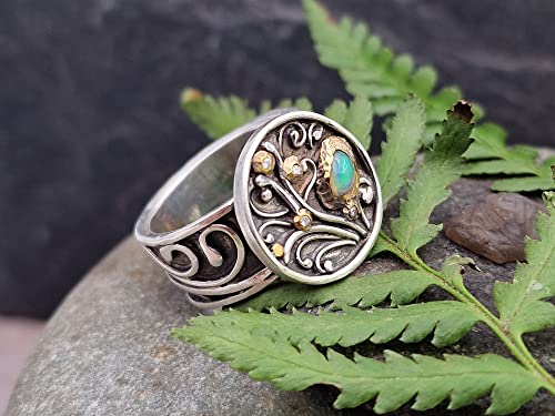 LeoLars-PABE Lightning Ridge Opal Design Filigree Ring, Gr.57 (18.2), aus 925er Silber mit vier Diamantan in Feingold Fassungen, geschwärzt, Unikat, Handarbeit