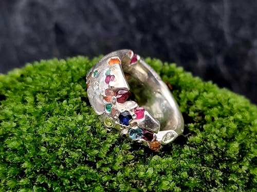 LeoLars-PABE Bunter rockiger Design Sandguss Ring, Gr.61 (19,2), aus 925er Silber mit verschiedenen echten eingegossenen Edelsteinen, Unikat, Handarbeit