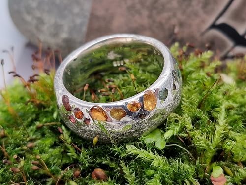 LeoLars-PABE Sandguss Design regenbogen Ring, Gr. 62-63 (19,9), mit eingegossenen echten bunten Edelsteinen aus 925er Silber, Handarbeit, Unikat