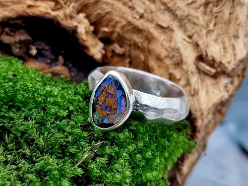LeoLars-PABE Boulder Opal Design Ring, Gr. 61, aus 925er Silber, grob geschliffen, seidenmatt, Opal mit grün-blauen Opaladern, Unikat, Handarbeit